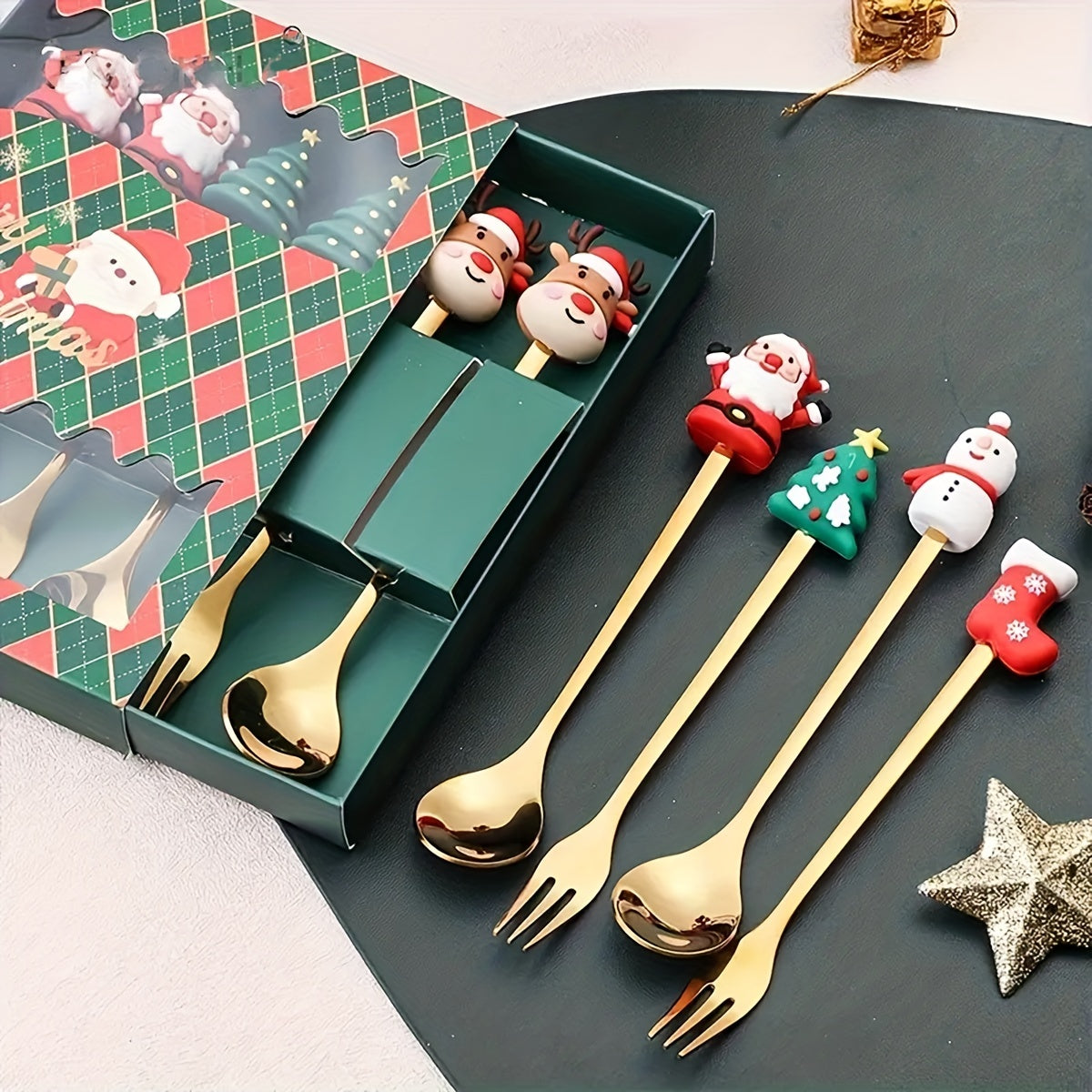 SantaServe - Conjunto de garfo e colher de Natal com design do Pai Natal
