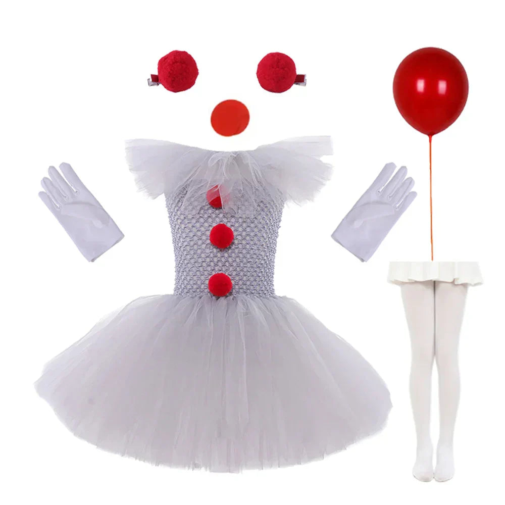 Charlotte – Sukienka tutu inspirowana klaunem z czerwonymi pomponami i tiulową spódnicą na Halloween lub przebieranki