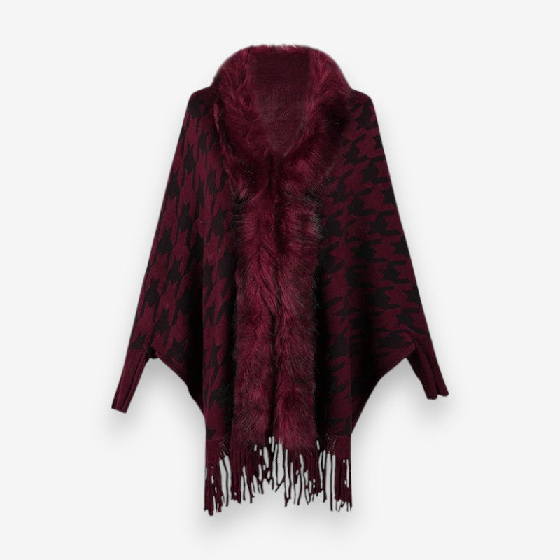 Arwenna – Poncho con maniche lunghe, colletto in pelliccia e motivo a stelle