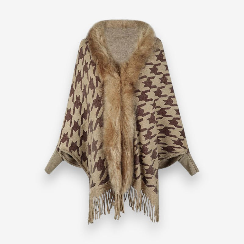 Arwenna – Poncho con maniche lunghe, colletto in pelliccia e motivo a stelle