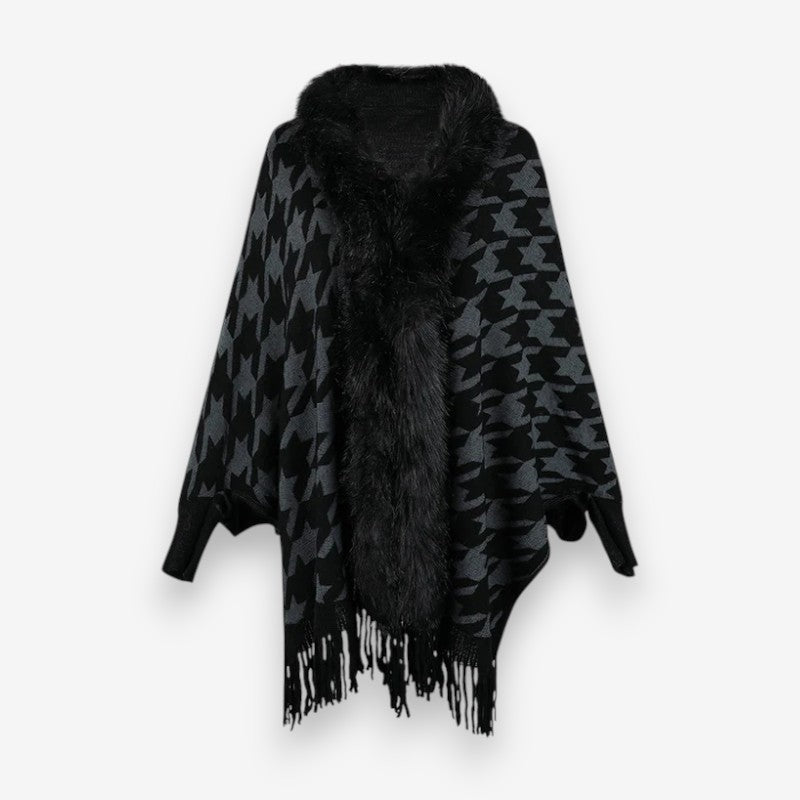 Arwenna – Poncho con maniche lunghe, colletto in pelliccia e motivo a stelle