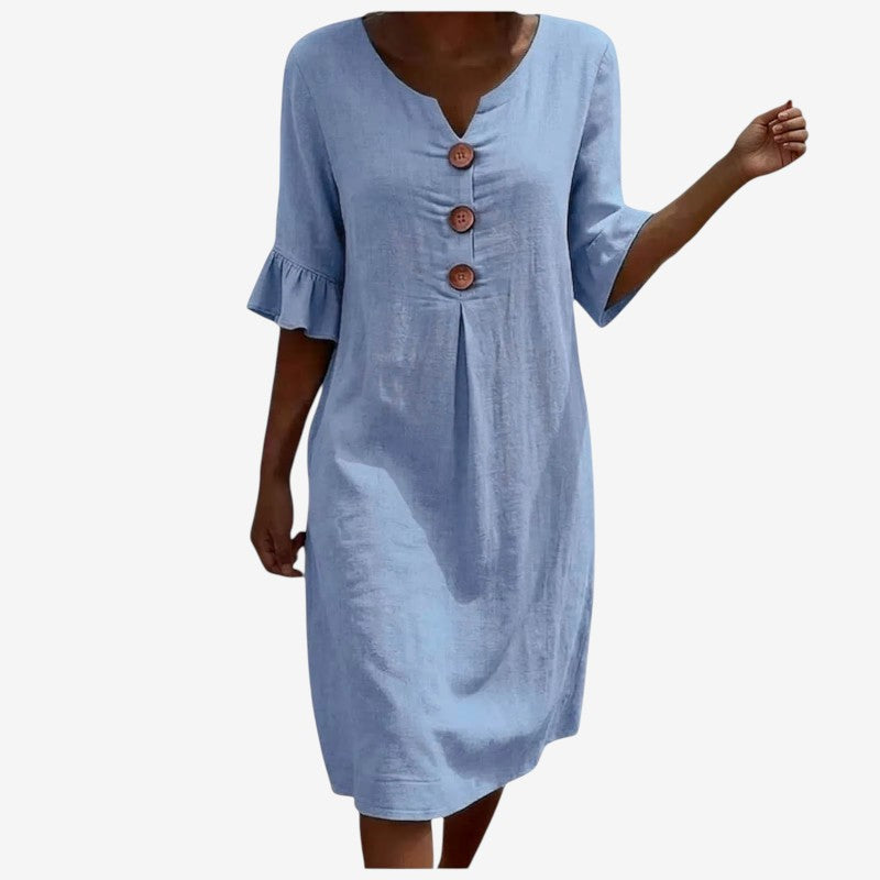 Women's V Neck Midi Dress with Button Front