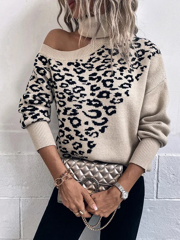 Chloe - Pulover leopard cu umerii goi, cu croială relaxată