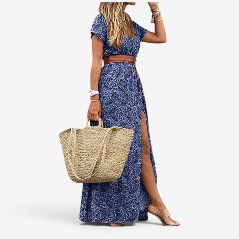Abito lungo da donna con stampa floreale e scollo a V