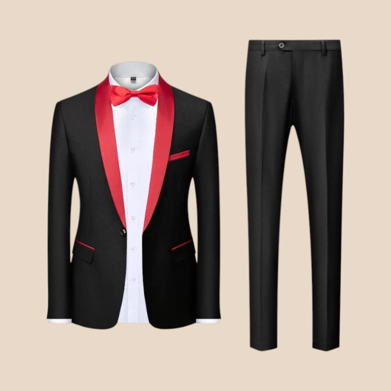Arthur - 3 részes slim fit öltöny szett blézerrel, nadrággal és mellénnyel | Gombos záródás és zsebek | Méretek XS–3XL | Kék, piros, szürke, fekete, fekete-piros