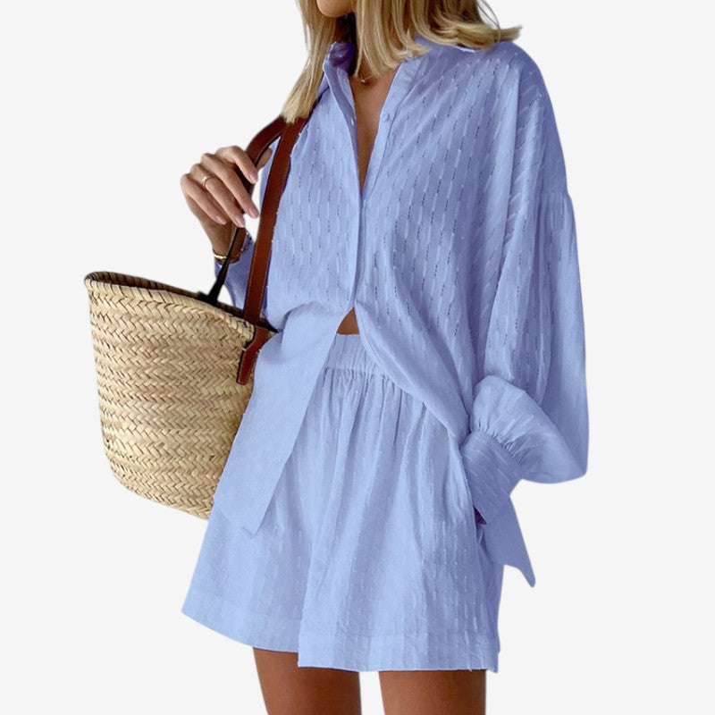 Conjunto de 2 Peças para Mulher com Camisa de Mangas Bufantes e Calções