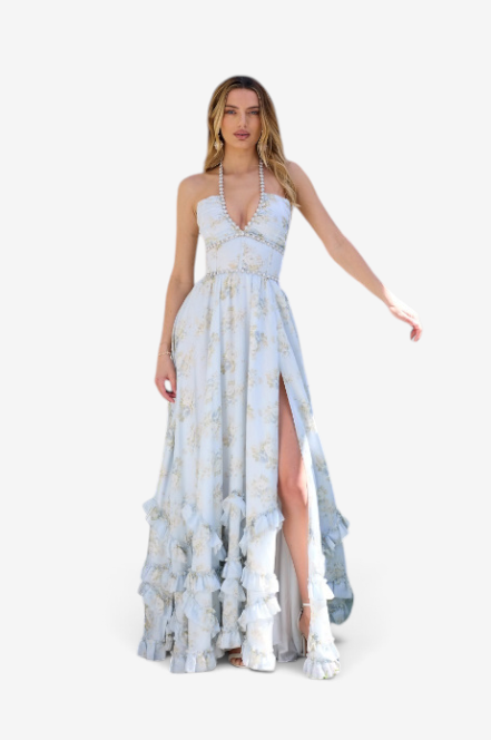 Elegante abito lungo floreale da donna con orlo arricciato