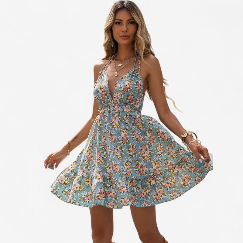 Natalie - Rochie Mini Fără Mâneci cu Decolteu în V și Imprimeu Floral