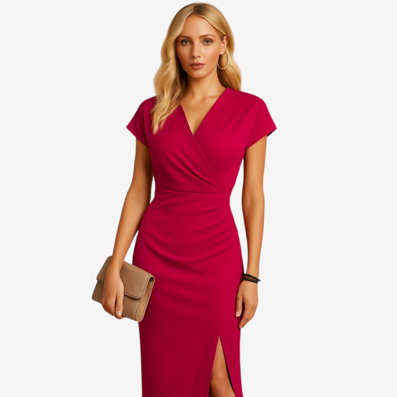 Robe midi femme à col en V avec fente latérale