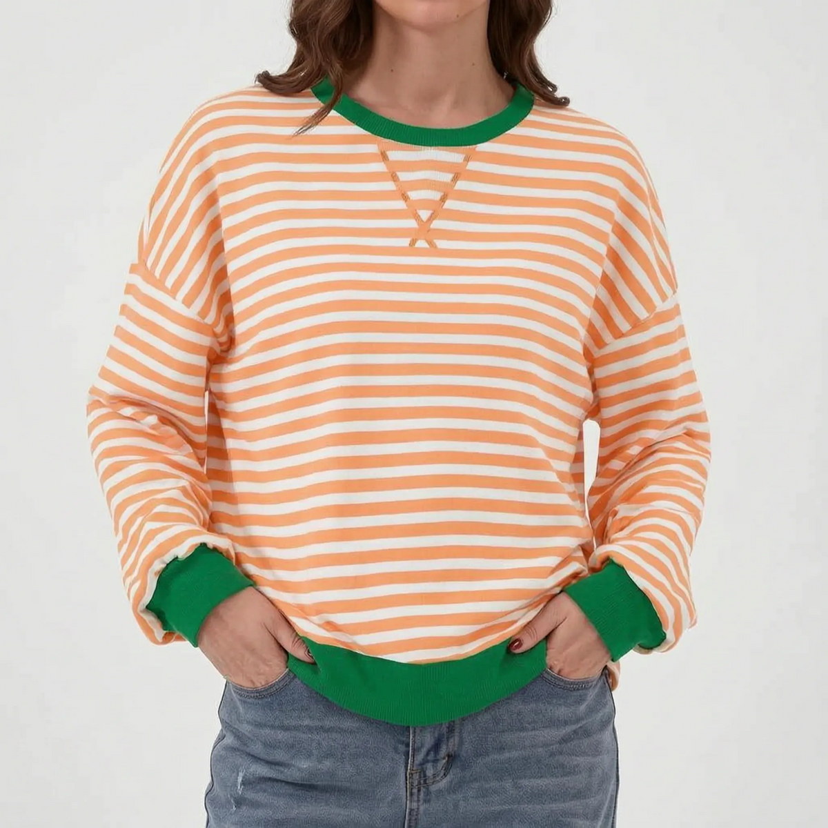 StripeCross – Oversized Striped Sweater with Round Neck and Cross-Stitch Detail