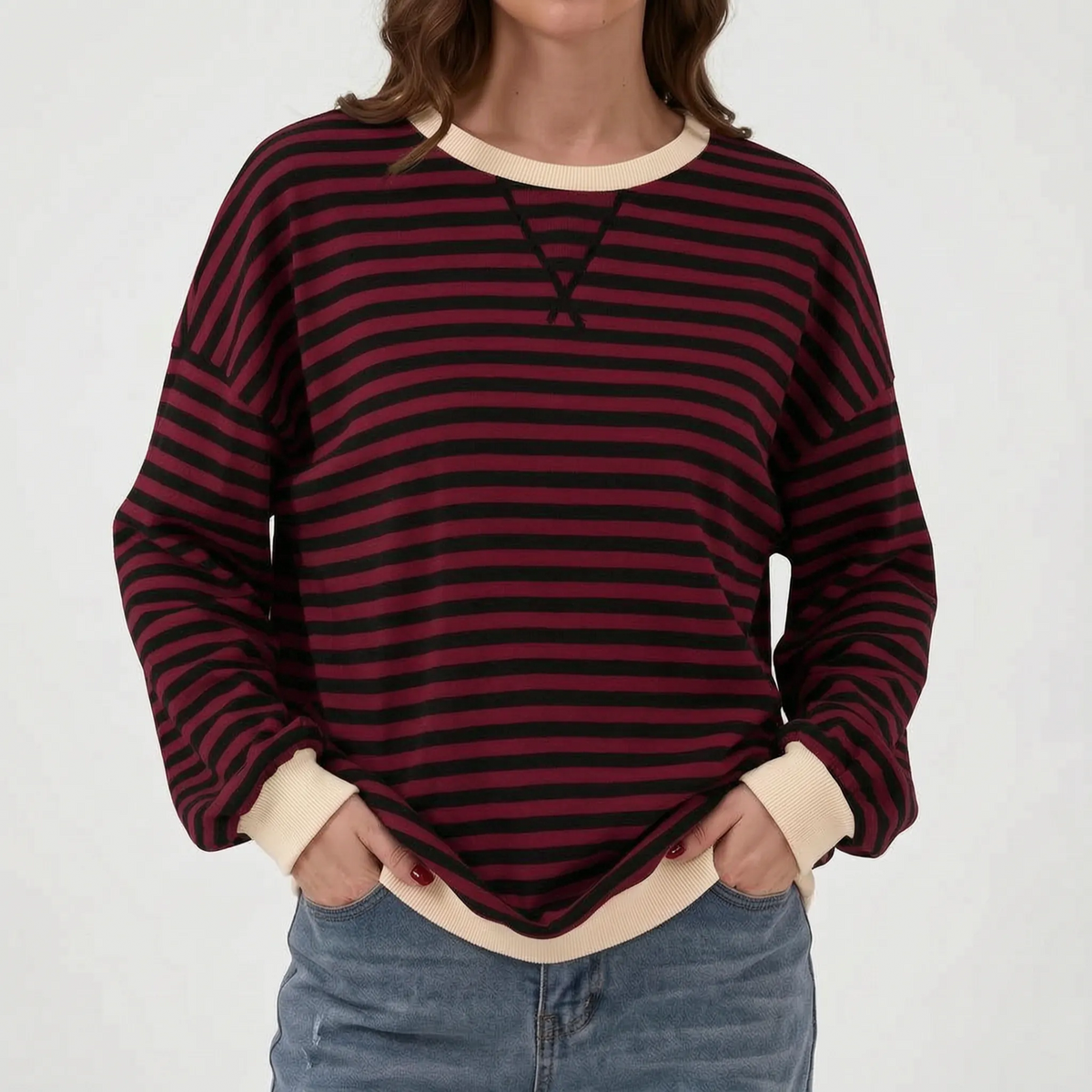 StripeCross – Oversized Striped Sweater with Round Neck and Cross-Stitch Detail