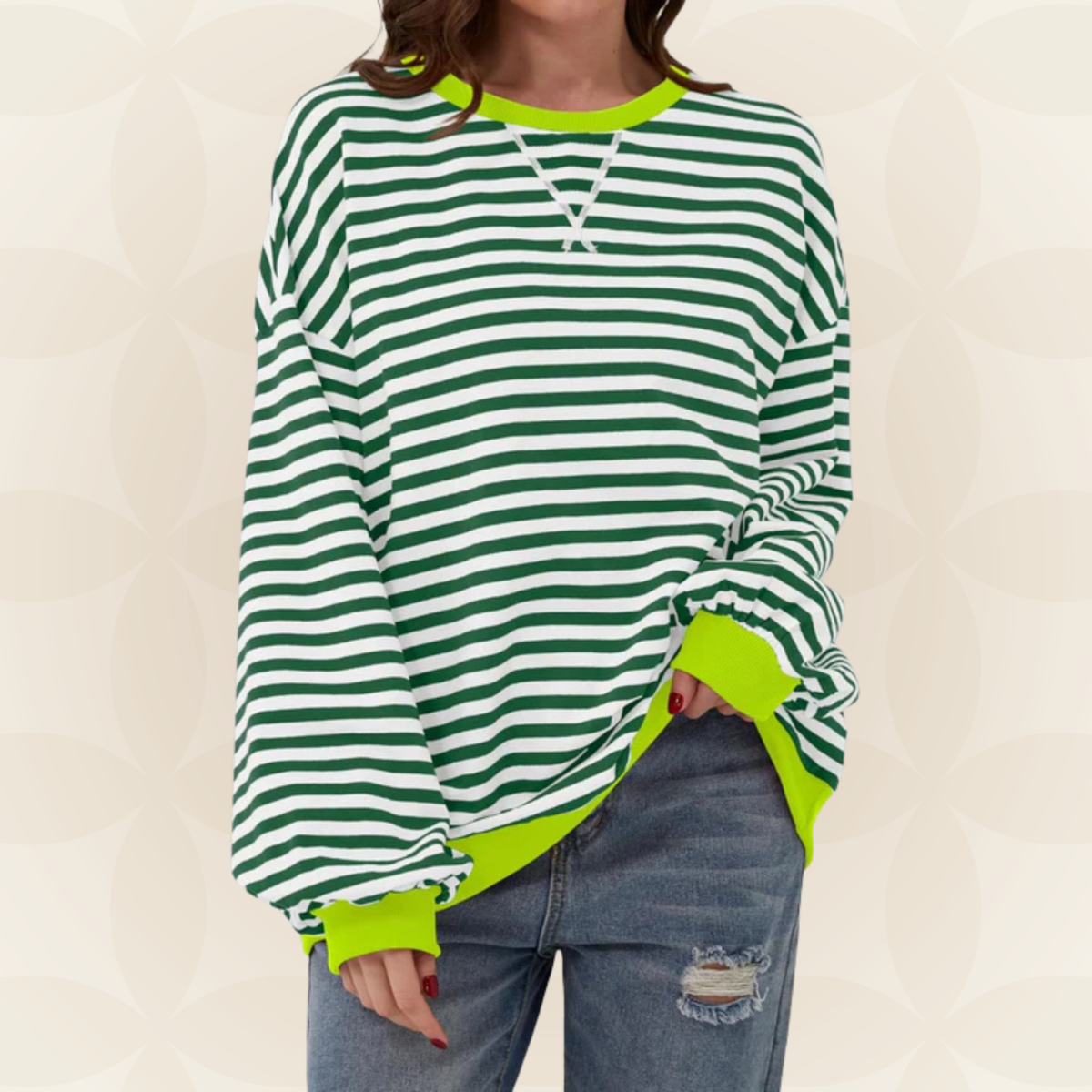 StripeCross – Oversized Striped Sweater with Round Neck and Cross-Stitch Detail