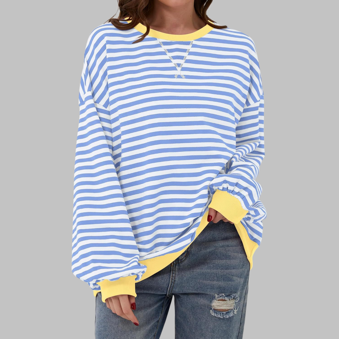 StripeCross – Oversized Striped Sweater with Round Neck and Cross-Stitch Detail