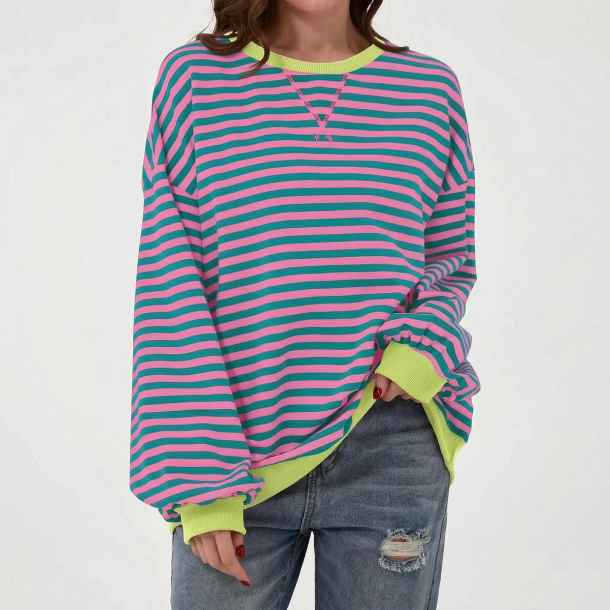 StripeCross – Oversized Striped Sweater with Round Neck and Cross-Stitch Detail