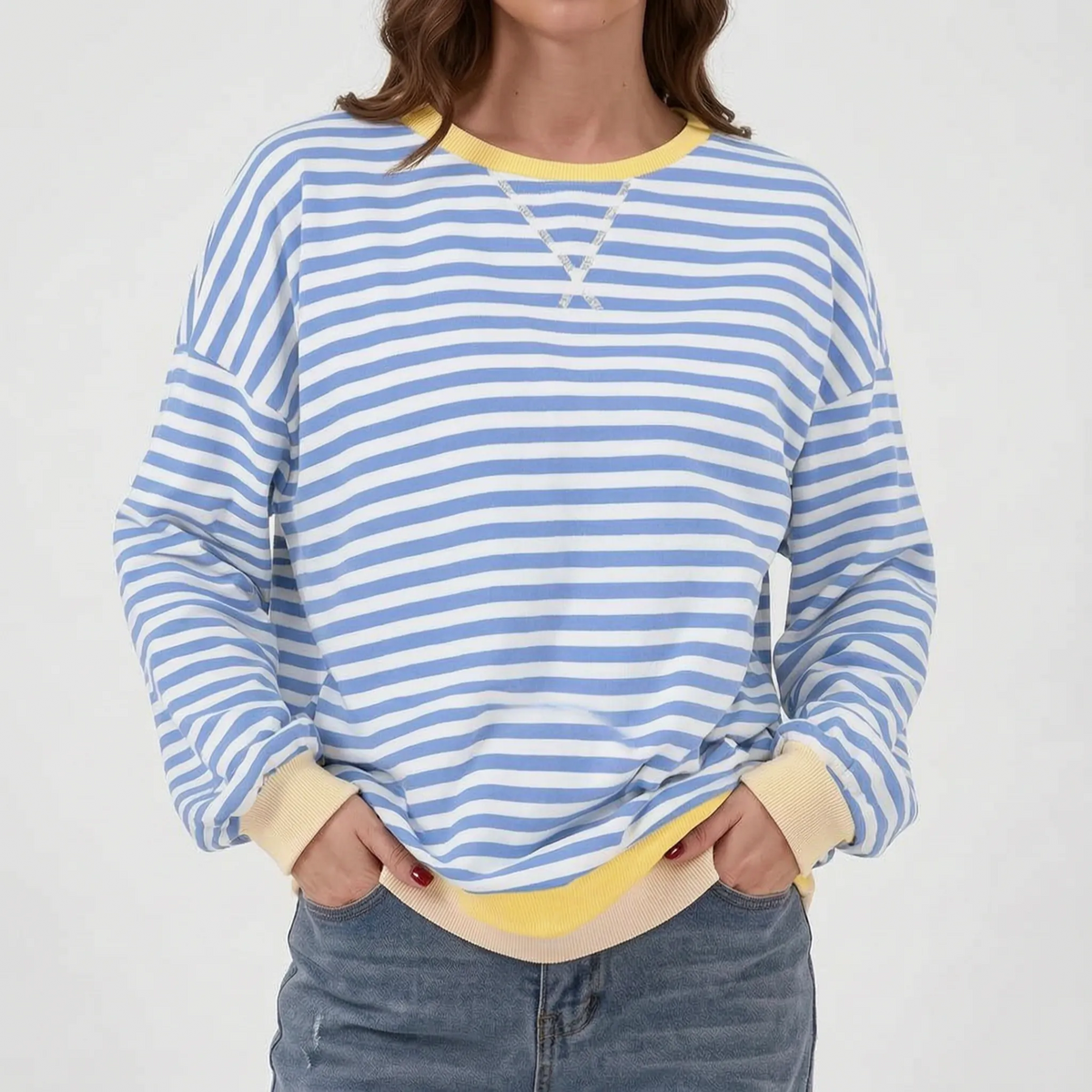 StripeCross – Oversized Striped Sweater with Round Neck and Cross-Stitch Detail