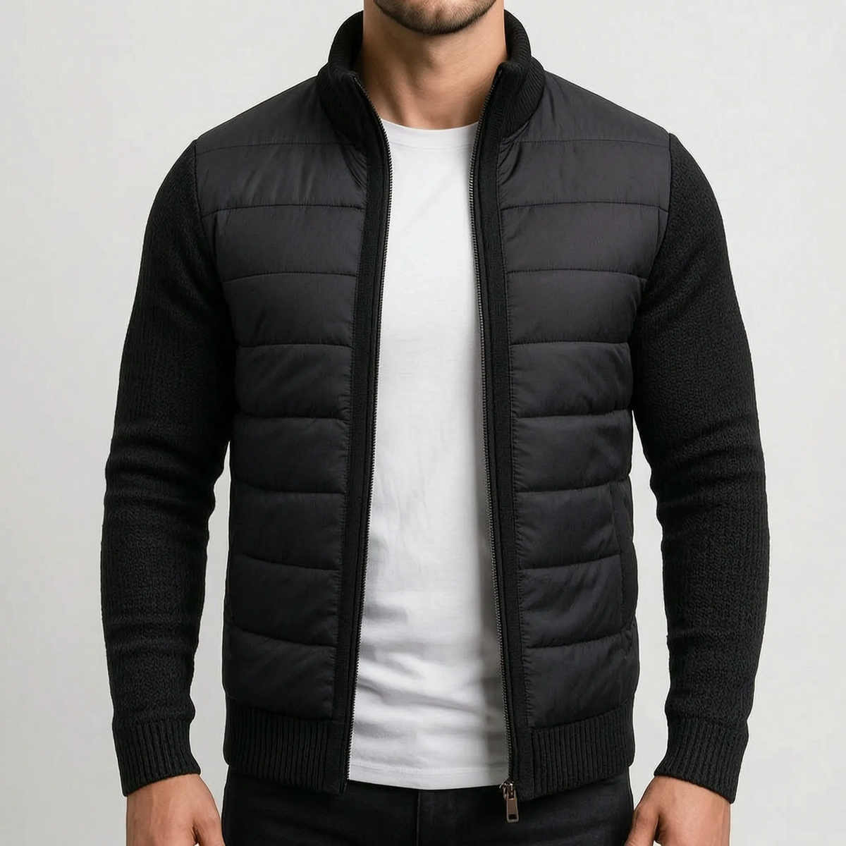 QuiltWeave – Gilet matelassé avec manches en maille et col montant