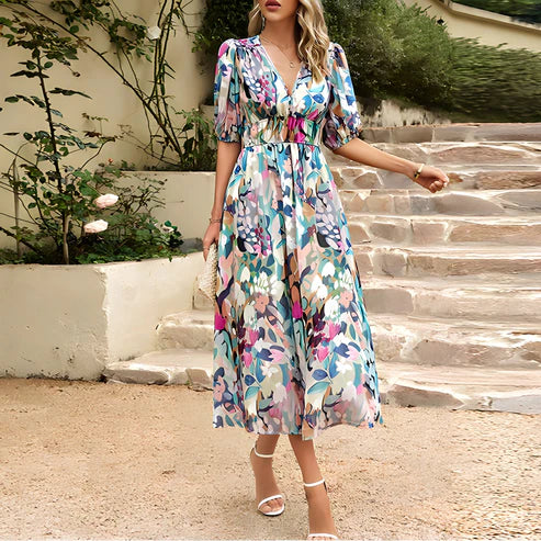 MeshElegance™ - Elegant Printed Party Dress