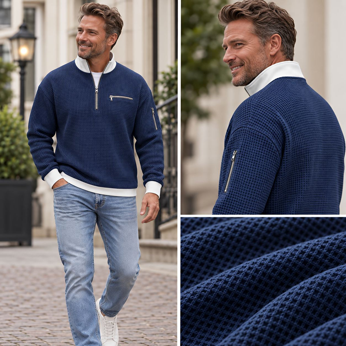 KnitVanta - Pull en maille gaufrée avec demi-fermeture éclair