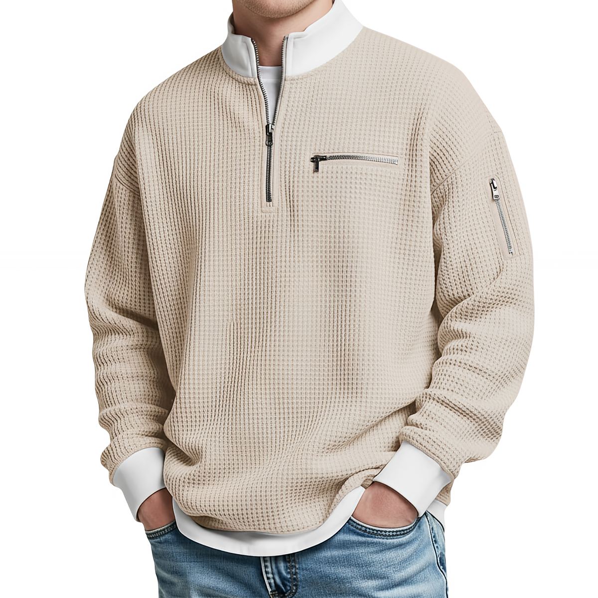 KnitVanta - Pull en maille gaufrée avec demi-fermeture éclair