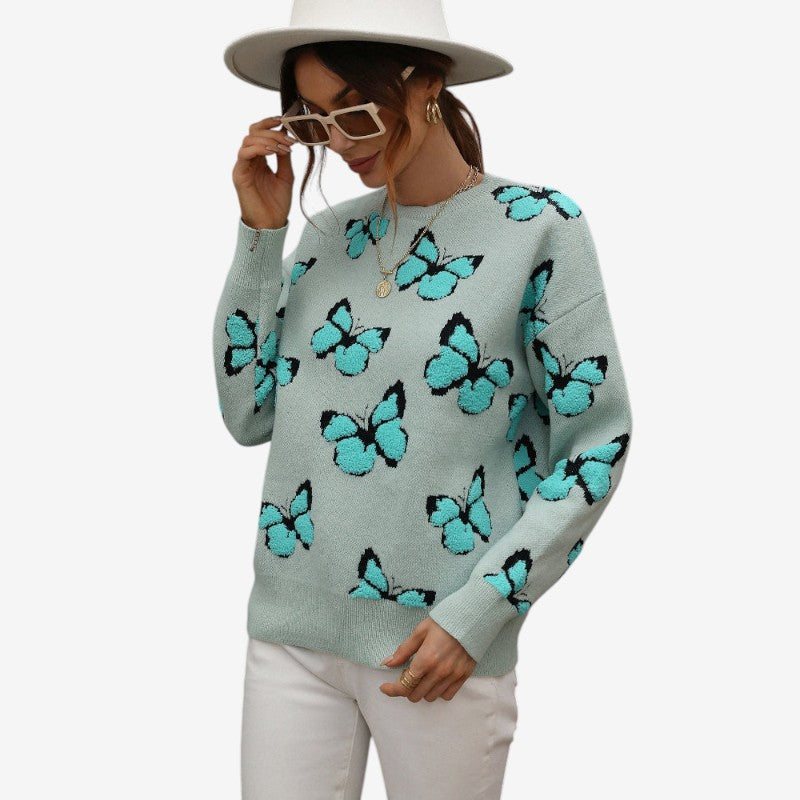 Mila – Maglione a maniche lunghe con scollo rotondo e ricamo a farfalla