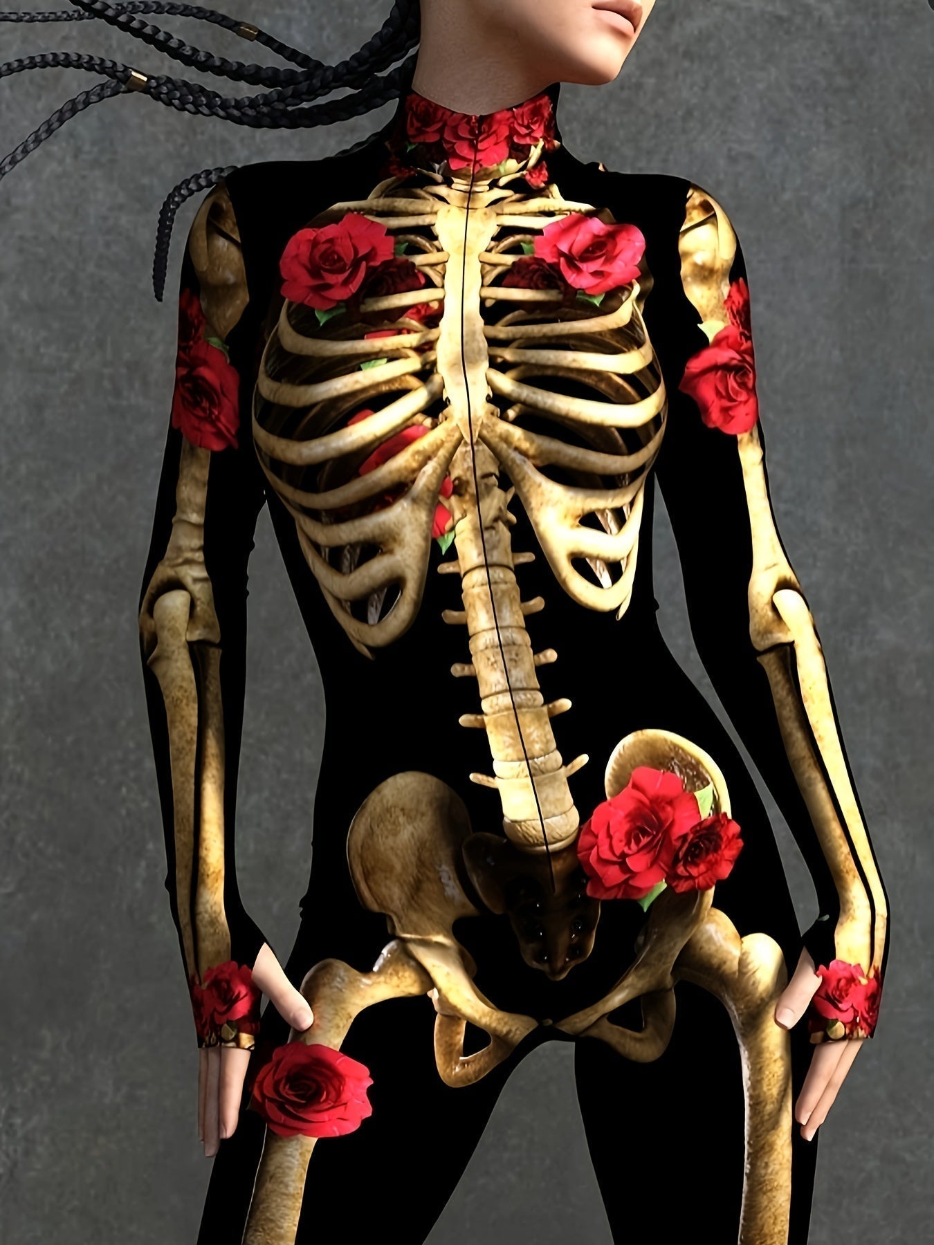 Skeleton Print Jumpsuit with Rose Accents for Women