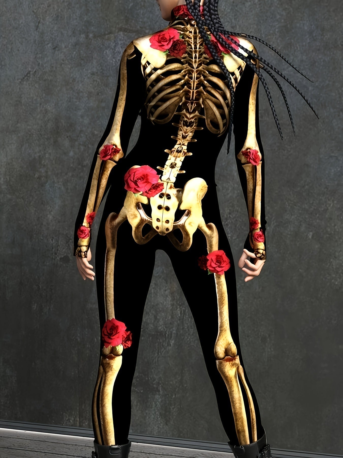 Skeleton Print Jumpsuit with Rose Accents for Women