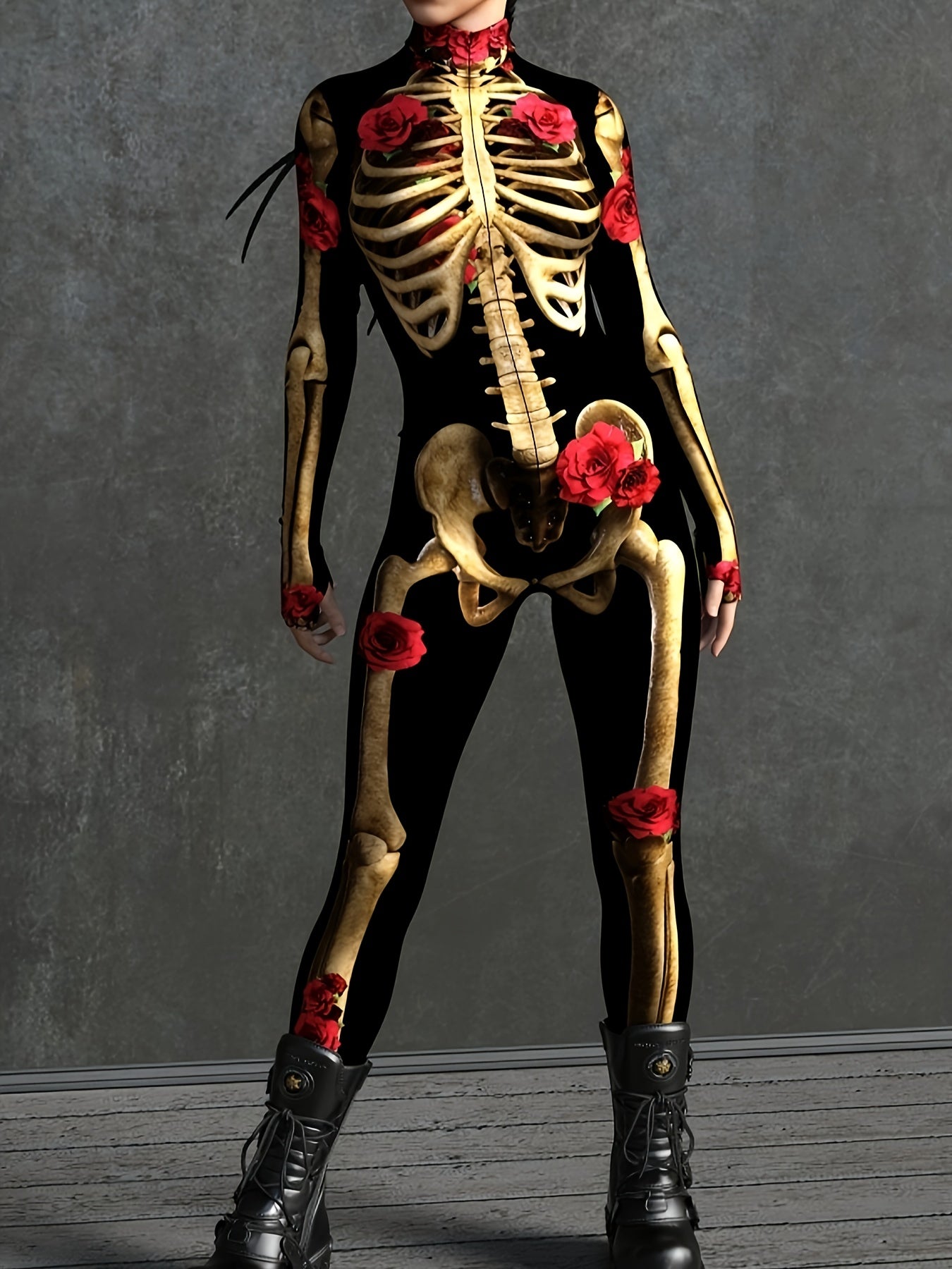 Skeleton Print Jumpsuit with Rose Accents for Women