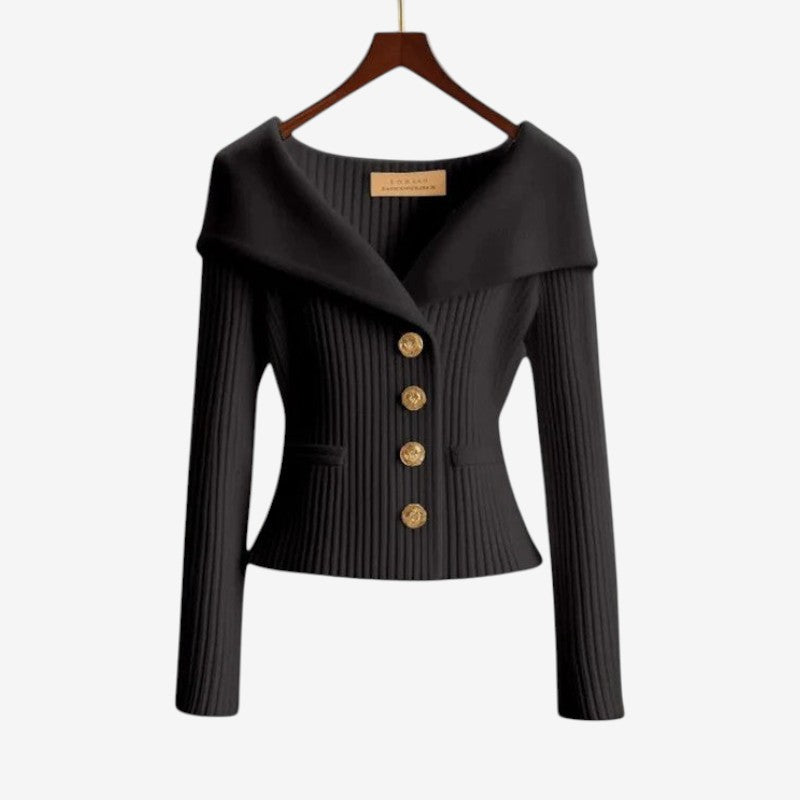 Women’s Off-Shoulder Button-Front Knit Sweater with Pockets