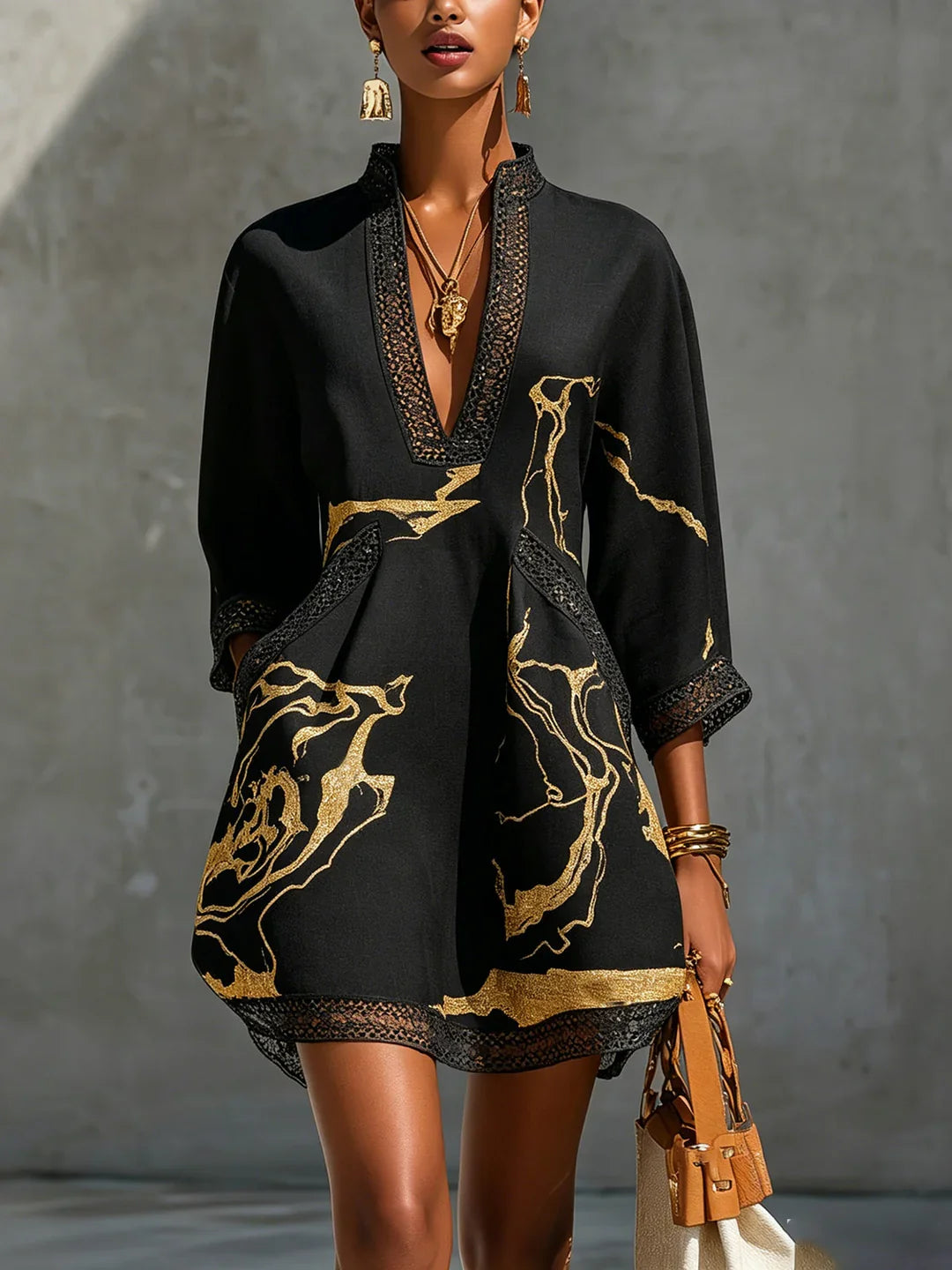 Black Mini Dress with Gold Marble Pattern