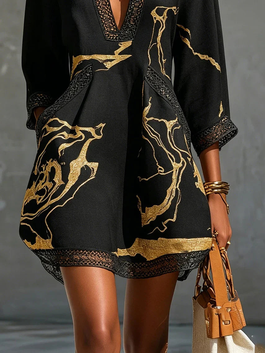 Black Mini Dress with Gold Marble Pattern