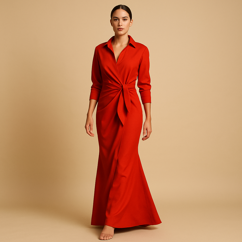 Elina - Elegante abito lungo a linea A con scollo a V e maniche a metà