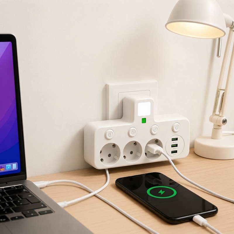 Regleta VoltNexa de 3 tomas con puertos de carga USB y Type-C