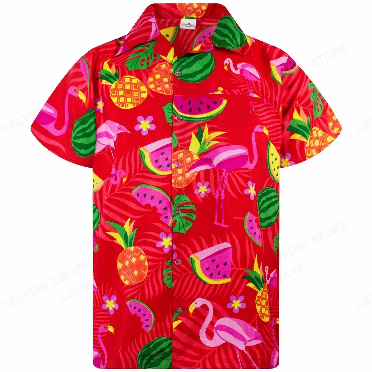 Marco - Camicia con stampa tropicale di fenicotteri e maniche corte