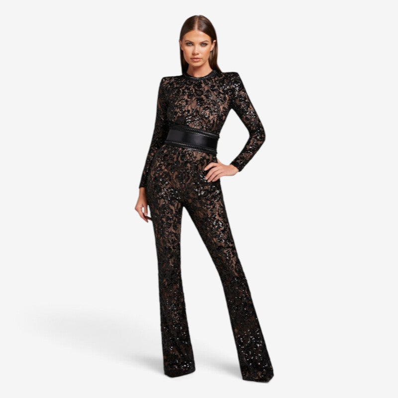 Suitly - Women's Jumpsuit with Straight Neckline and Long Sleeves