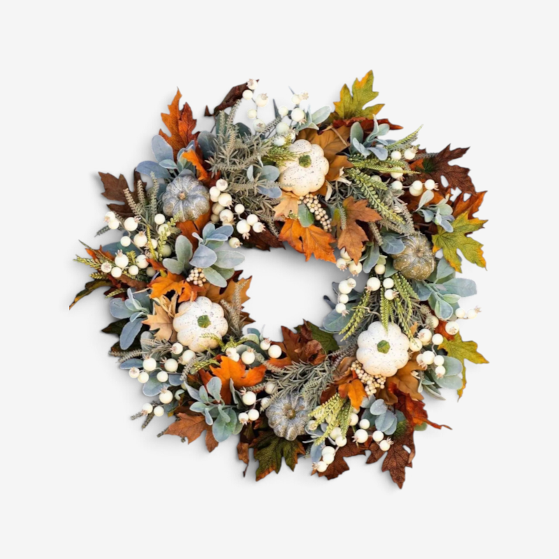 Handmade Autumn Wreath with Orange and Green Leaves