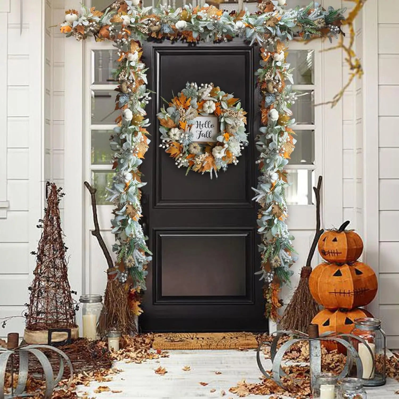 Handmade Autumn Wreath with Orange and Green Leaves