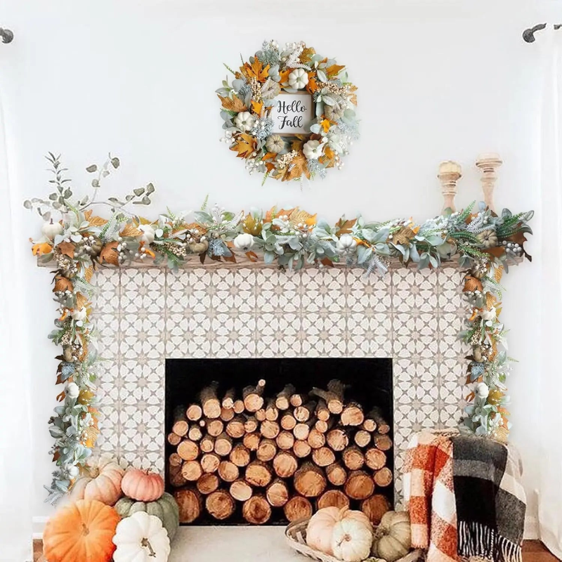 Handmade Autumn Wreath with Orange and Green Leaves