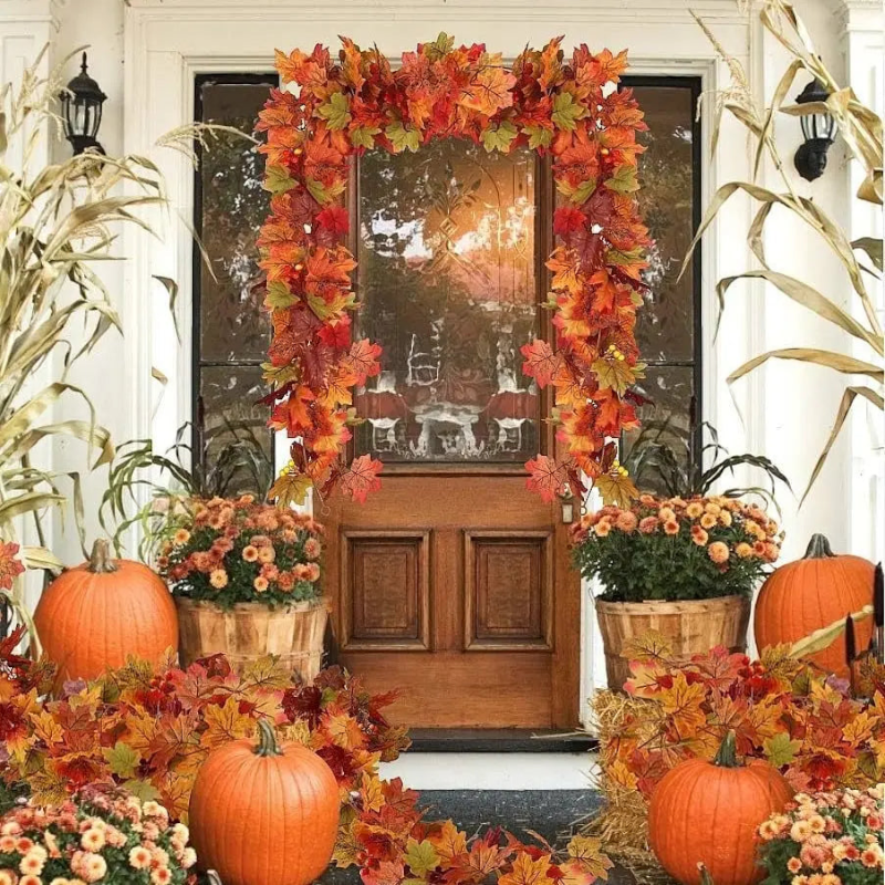 Handmade Autumn Wreath with Orange and Green Leaves
