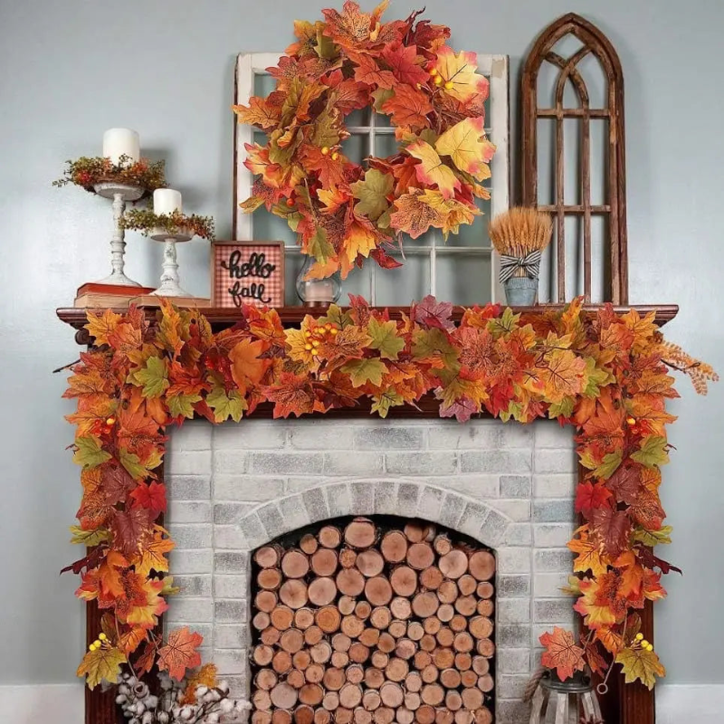 Handmade Autumn Wreath with Orange and Green Leaves
