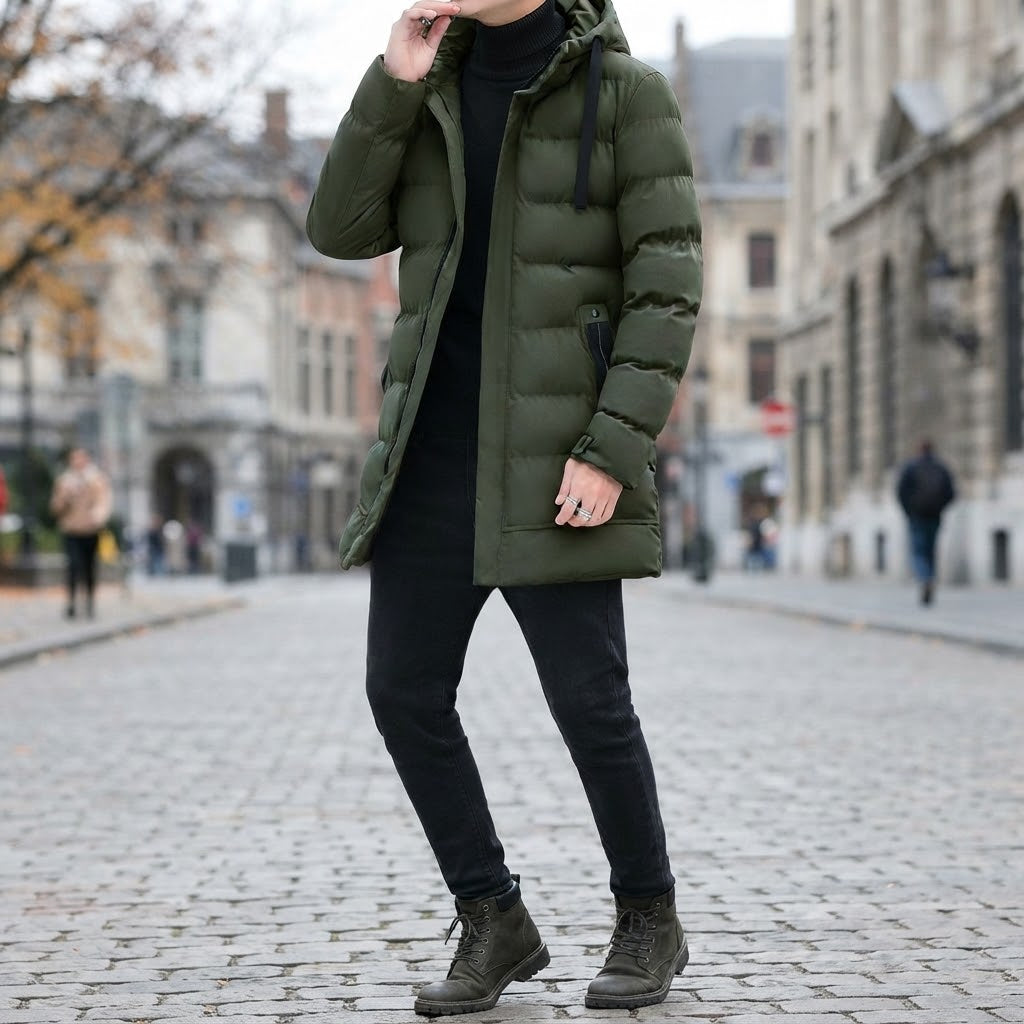 HoodFlex - Men's Mid-Length Hooded Puffer Coat With Zipper Pockets