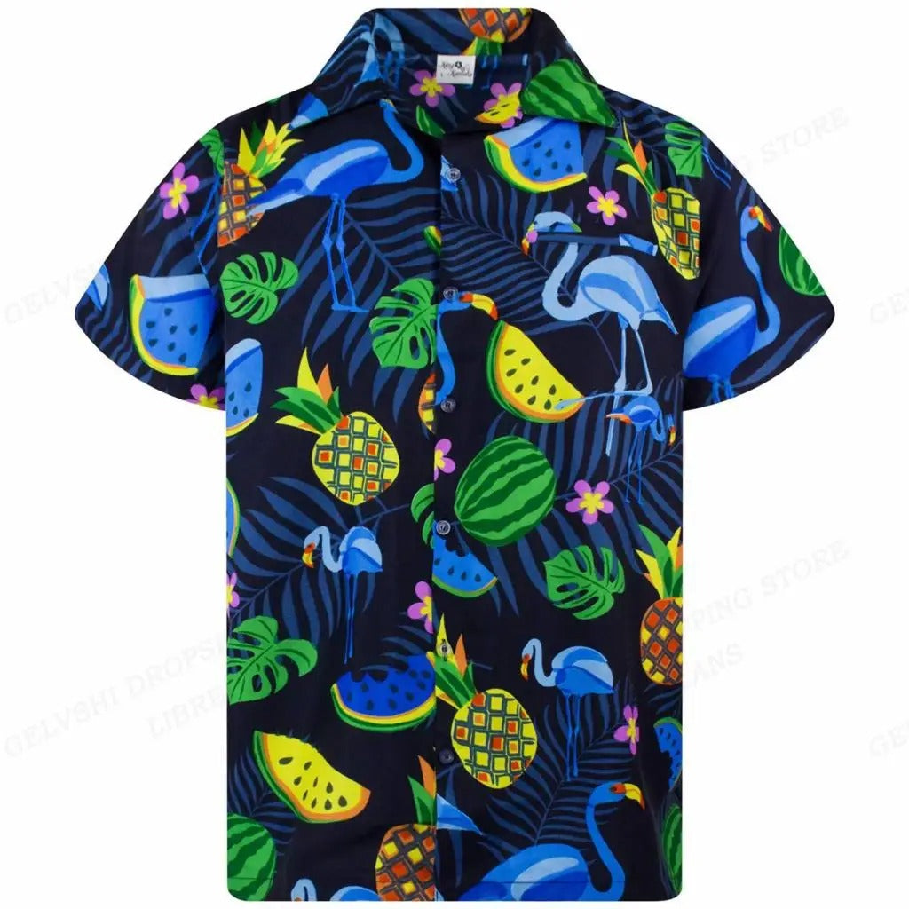 Marco - Camicia con stampa tropicale di fenicotteri e maniche corte