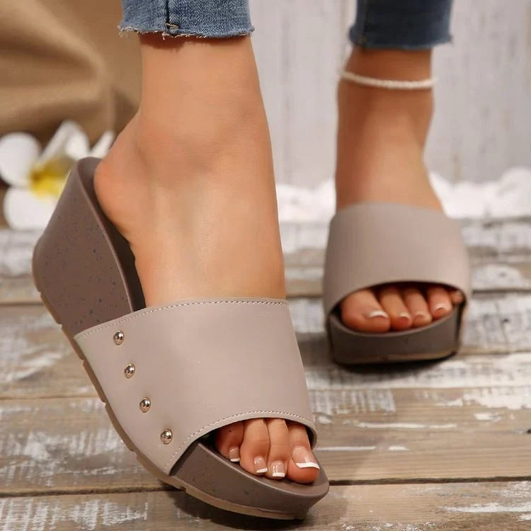 Lunarelle - Wide-Strap Wedge Mules with Studs