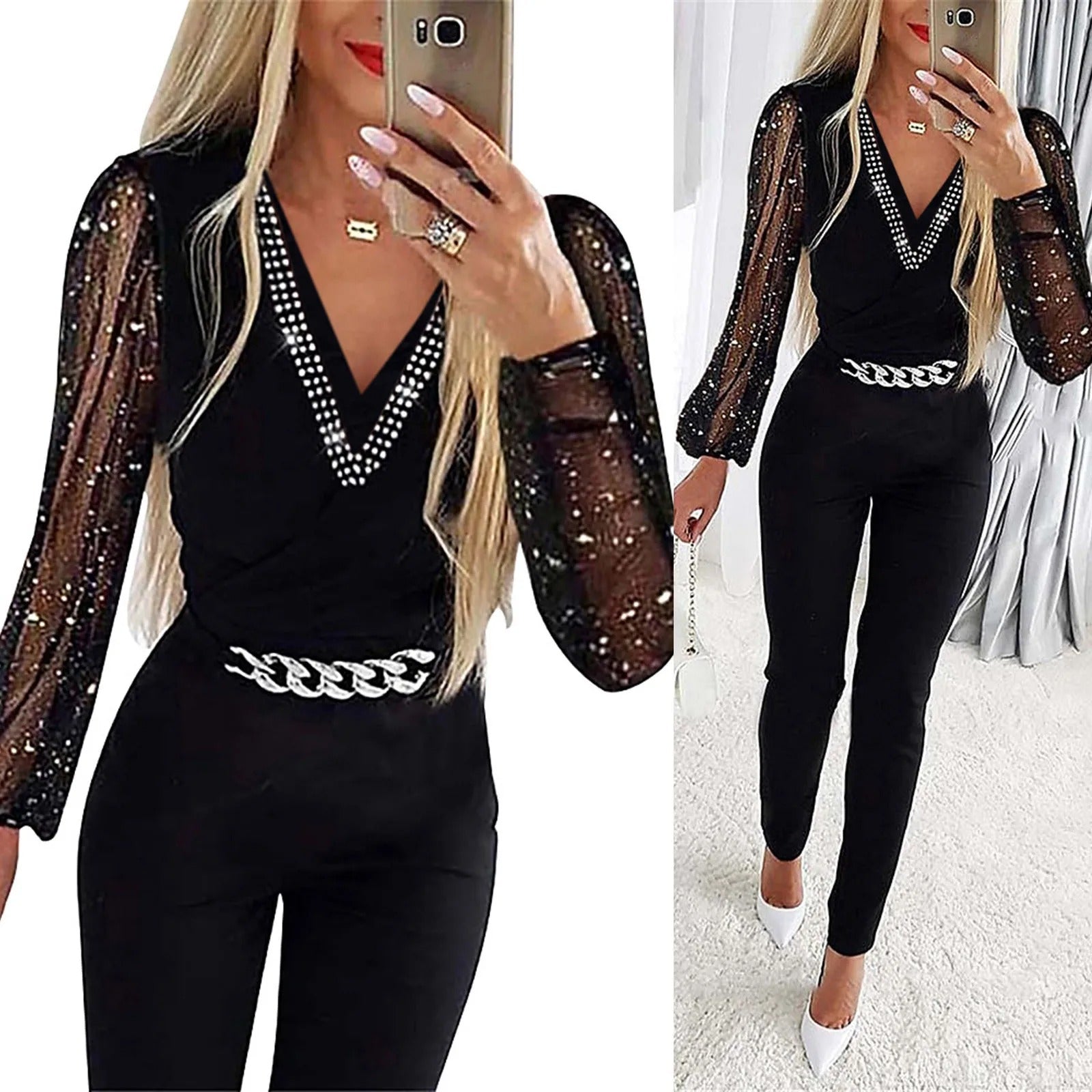 Fiona - Tuta intera elegante con maniche lunghe trasparenti