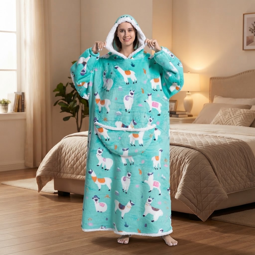 MaxiHood - Coperta felpata con cappuccio extra lunga con stampa di alpaca