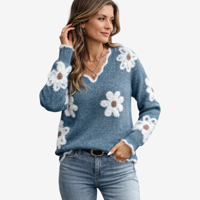 Maglione da donna con scollo a V e ricamo floreale