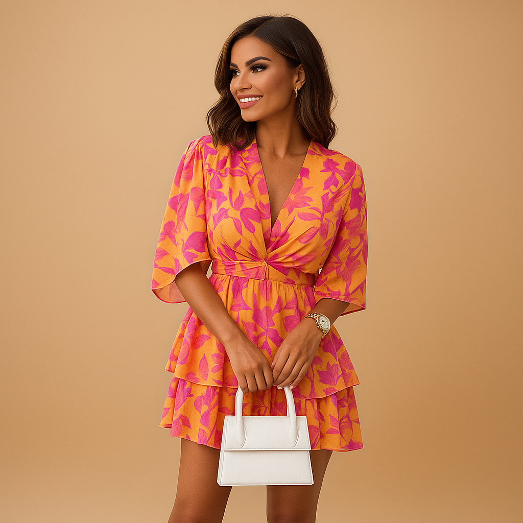 Serena – Playful wrap mini dress with short sleeves and deep V-neck