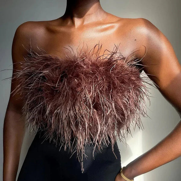 Olivia - Trendy off-shoulder feather bandeau top