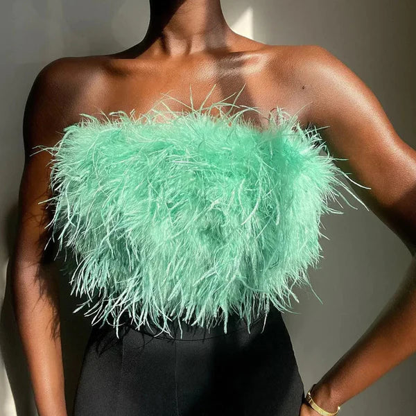 Olivia - Trendy off-shoulder feather bandeau top
