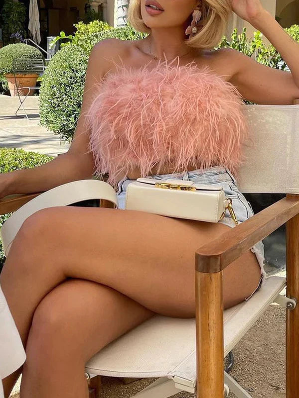 Olivia - Trendy off-shoulder feather bandeau top