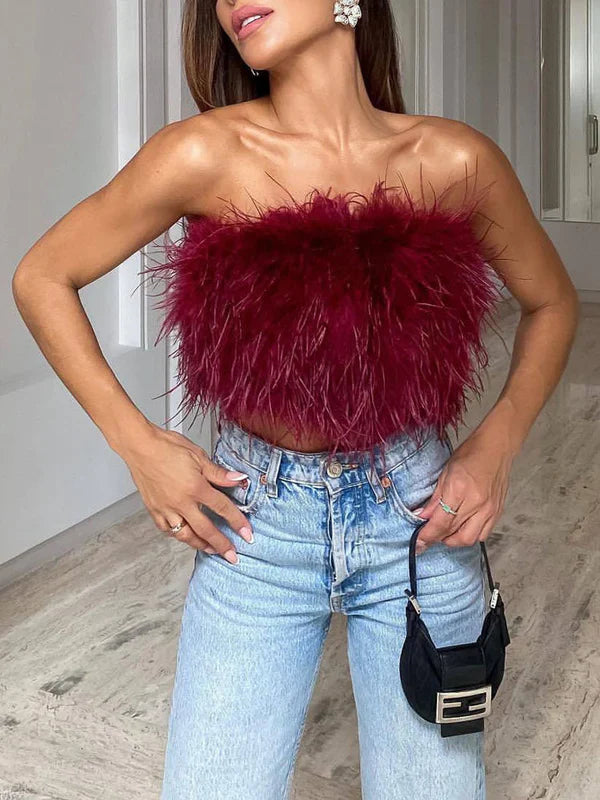 Olivia - Trendy off-shoulder feather bandeau top